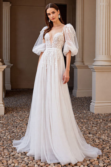 Ivory Appliqued A Line Wedding Dress with Puff Sleeves